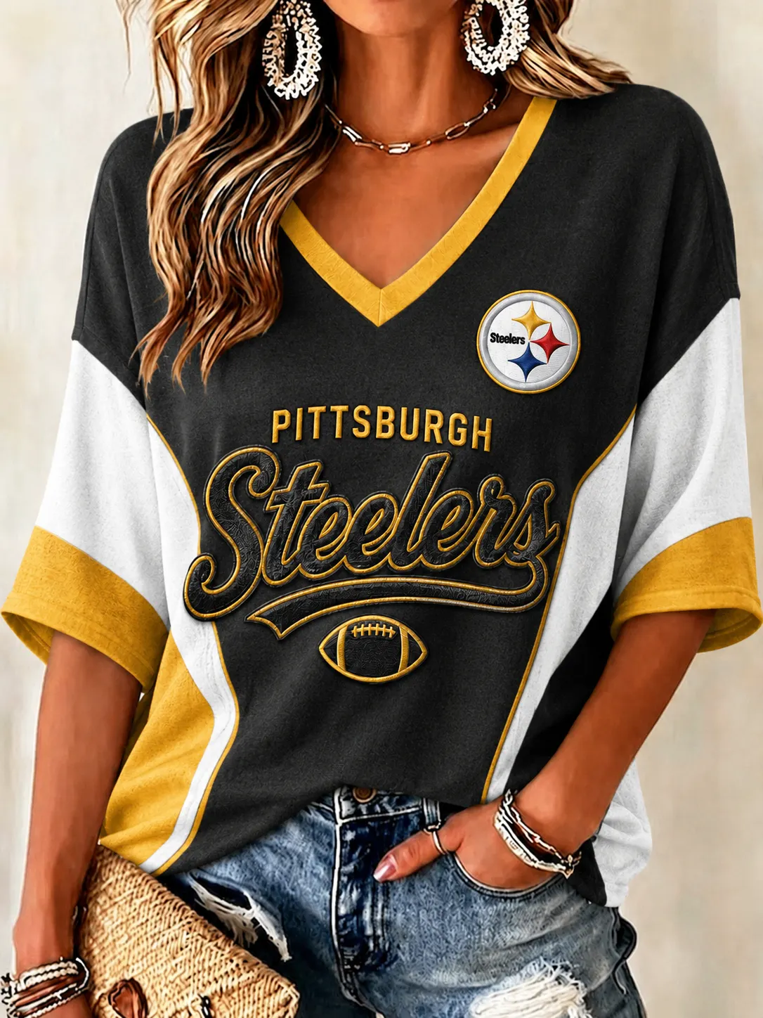 Women's Pittsburgh Steelers Black White Gold Color Block Loose 3/4 Sleeve V-Neck Football Casual Shirt