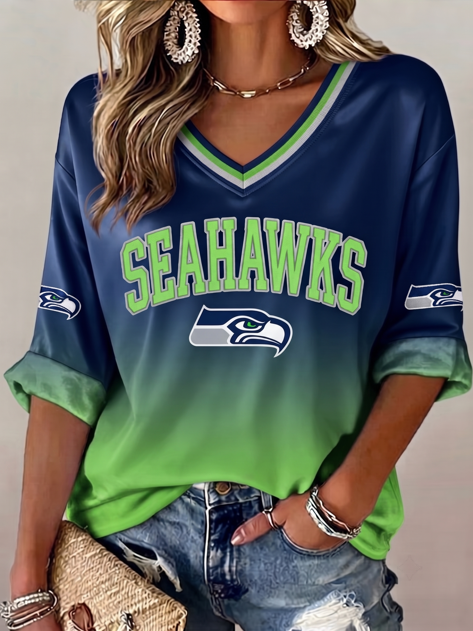 Women's Football   V-Neck Sporty Graphic Top