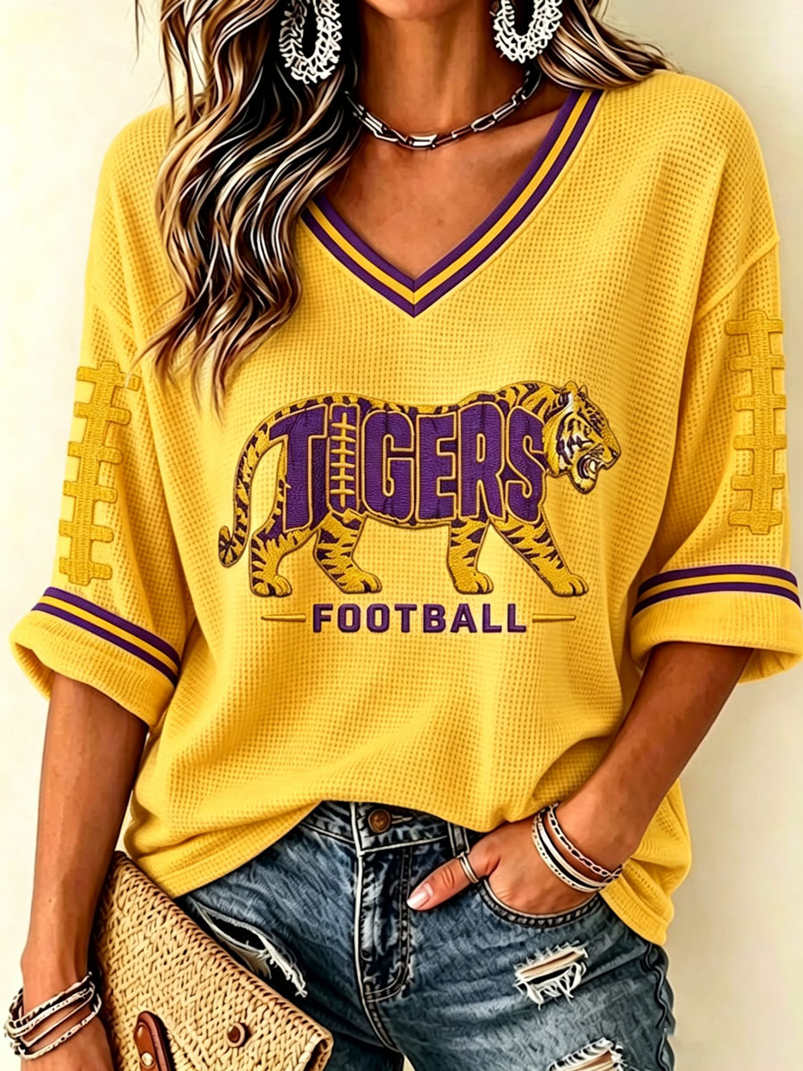 Women'S Rugby Patterned Waffle V-Neck Top