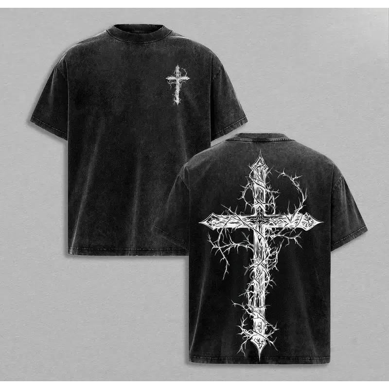 Vintage Thorn Cross Graphic T-Shirt | Gothic Christian Washed Tee
