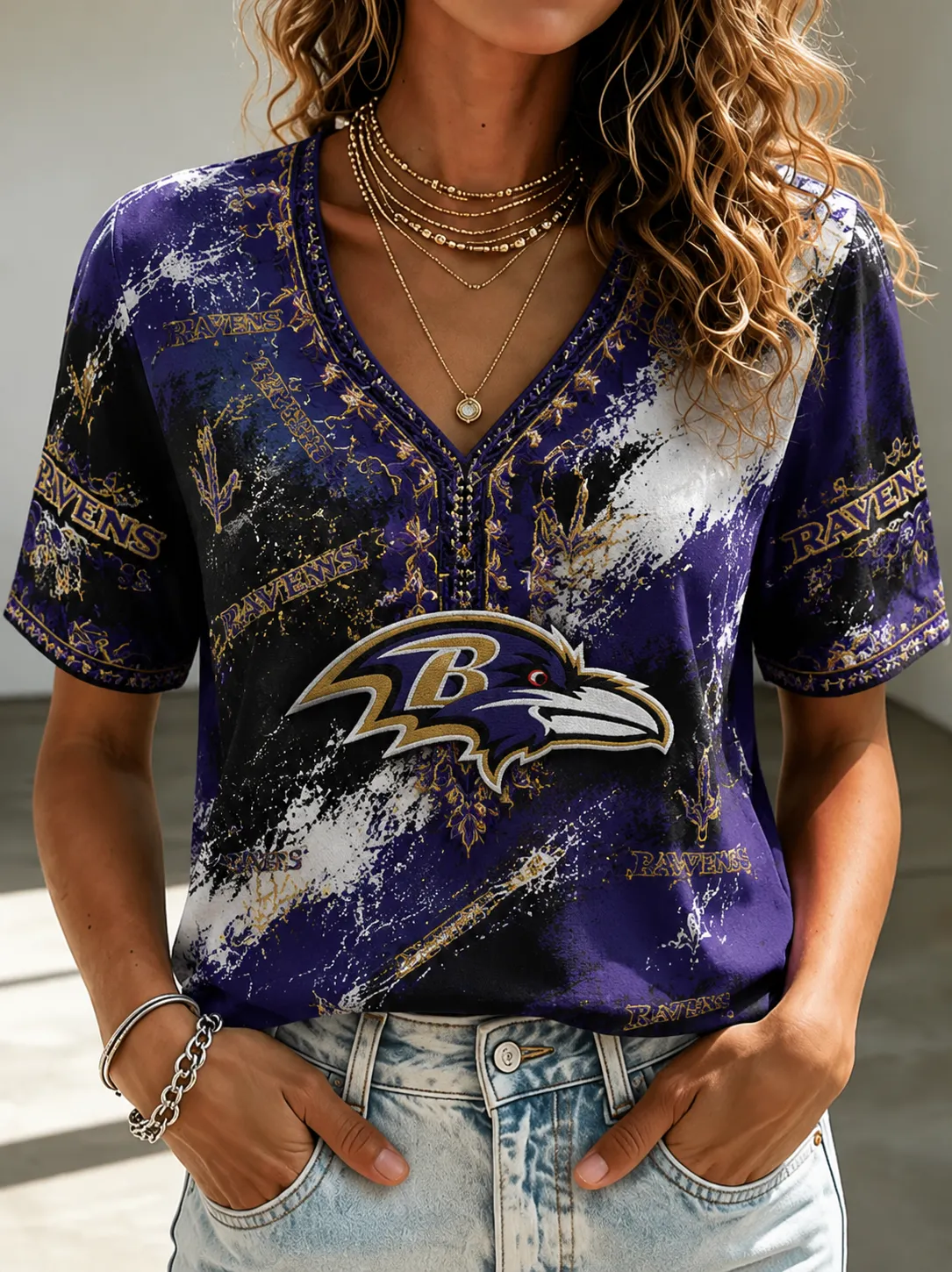 Women's Baltimore Ravens Vintage Splash Print V-Neck Casual Football T-Shirt