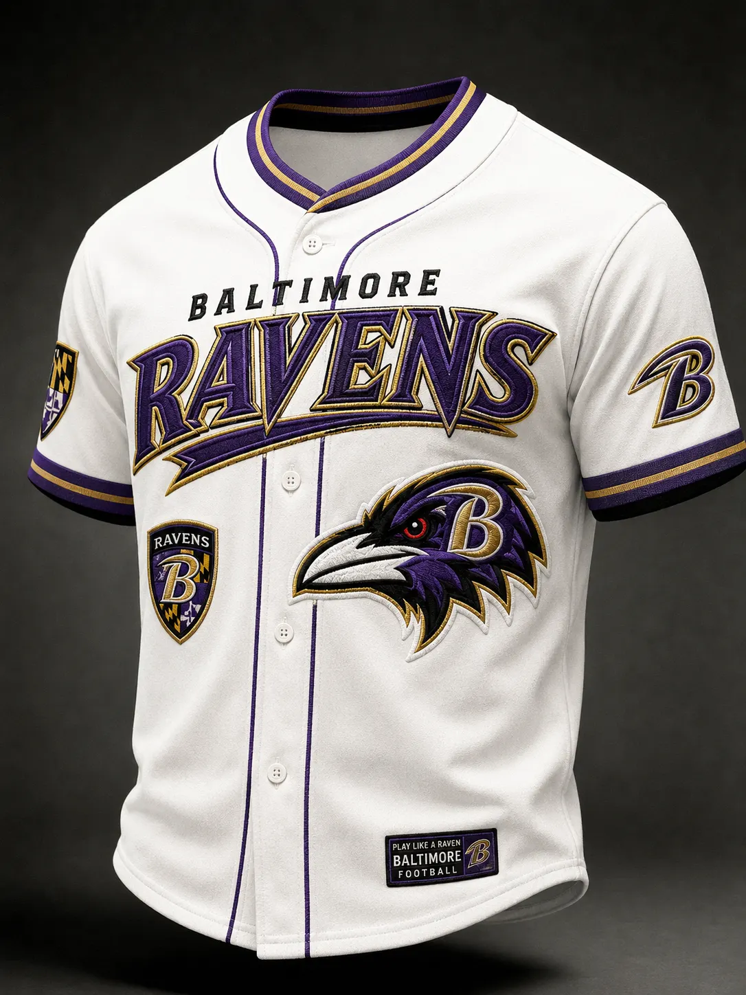 Men's Baltimore Ravens White Embroidered Button-Down Baseball Football Jersey