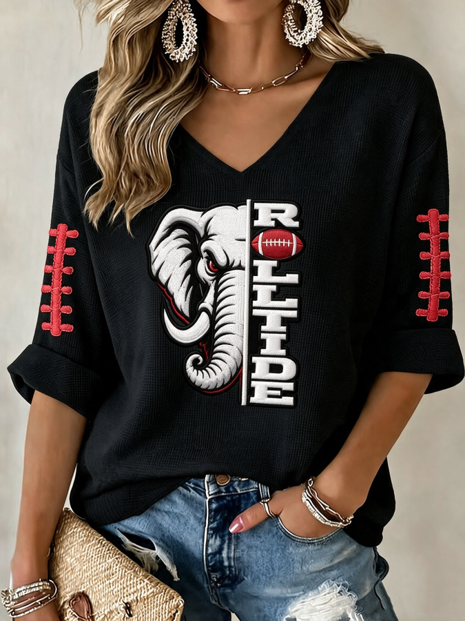 Women'S Rugby Patterned Waffle V-Neck Top