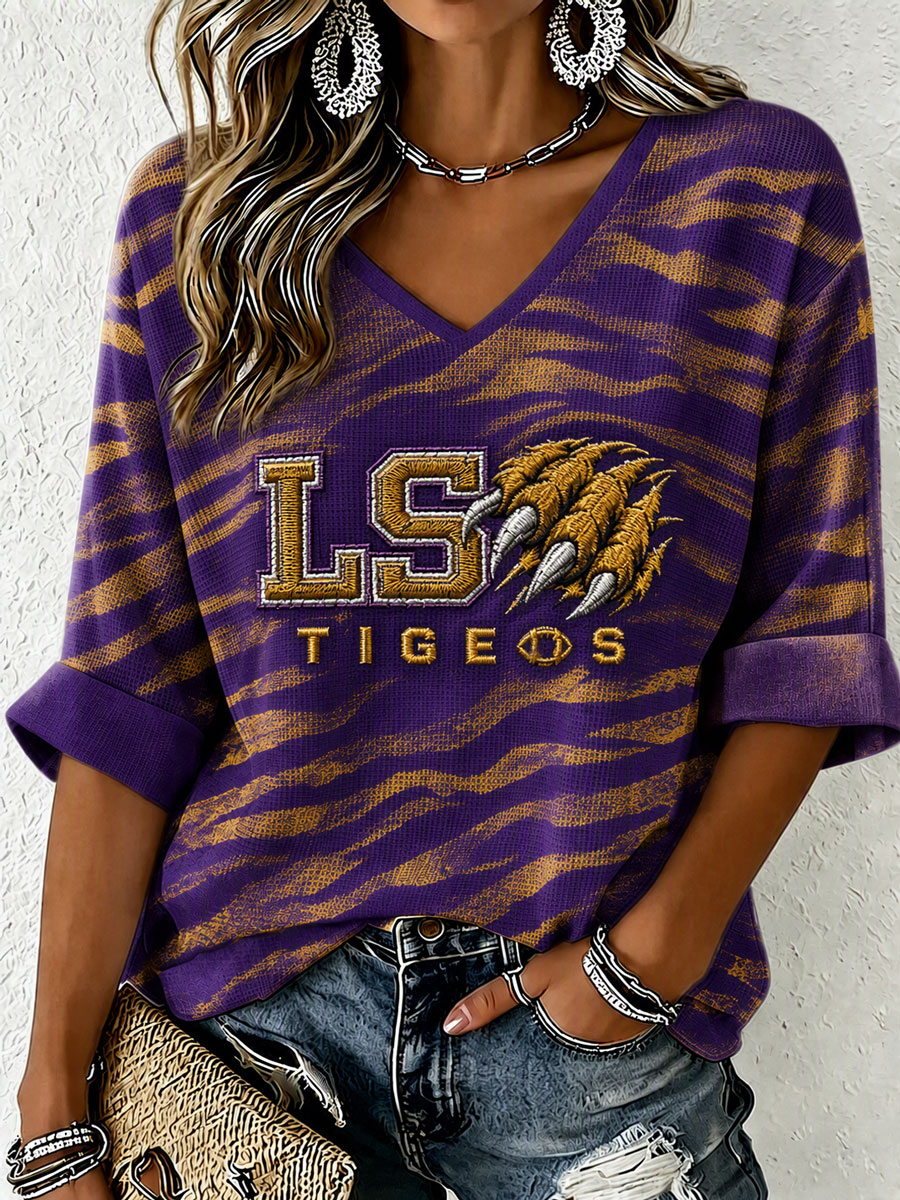 Women'S Rugby Patterned Waffle V-Neck Top