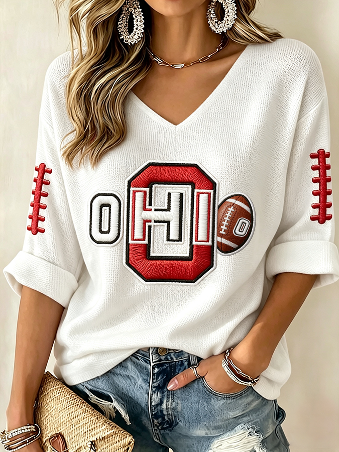 Women'S College Rugby Printed Waffle V-Neck Top