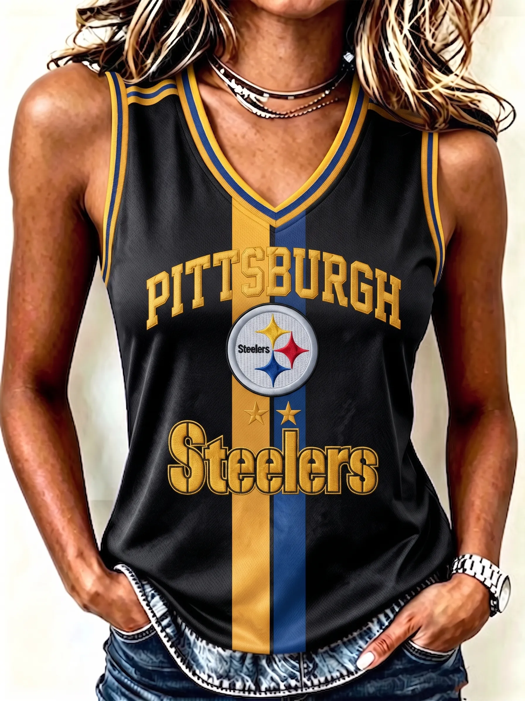 Women's Pittsburgh Steelers Striped V-Neck Sleeveless Football Tank Top