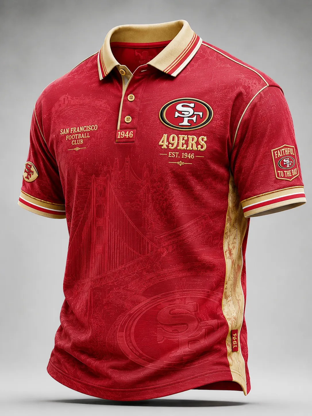 Men's San Francisco 49ers Golden Gate Bridge Subtle Print Red Gold Color Block Vintage Football Fan Polo Shirt