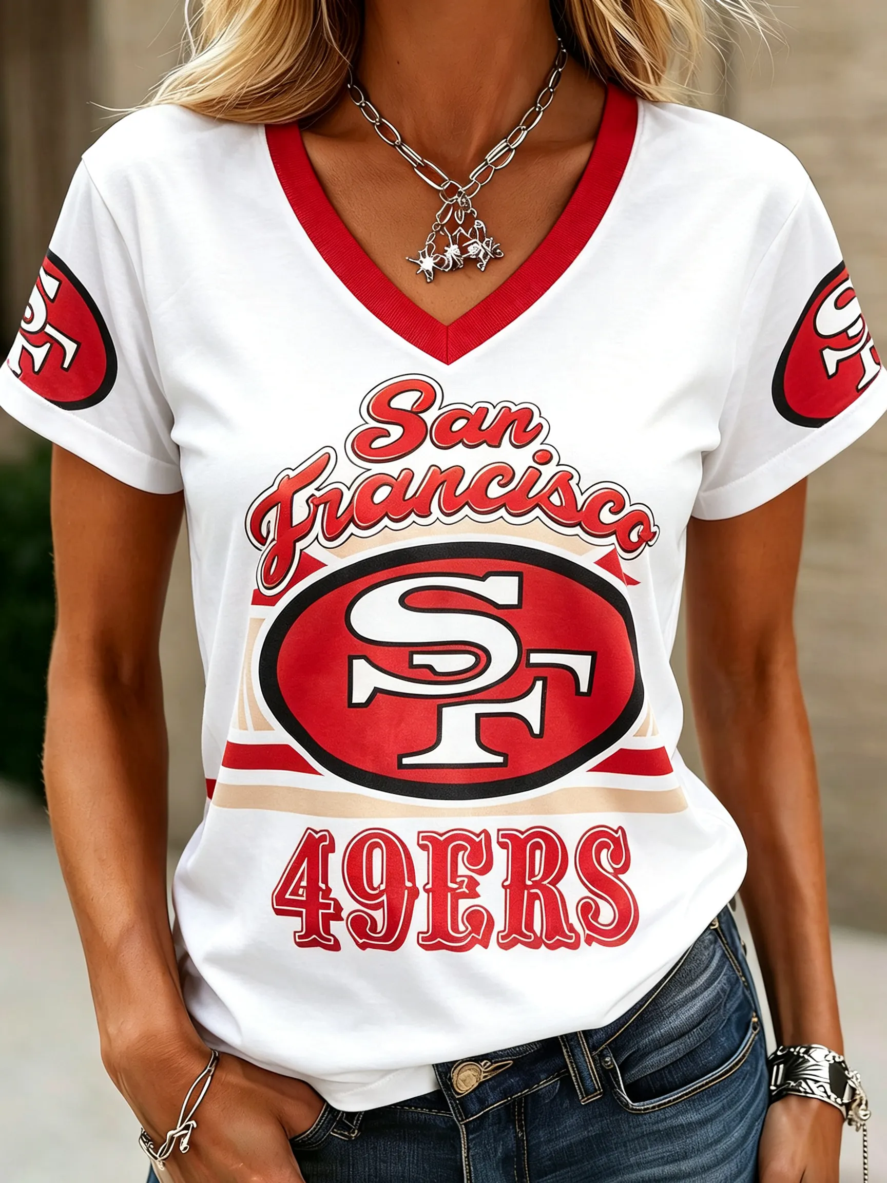 Women's San Francisco 49ers Classic Logo Red Trim V-Neck Short Sleeve Football Fan Casual T-Shirt