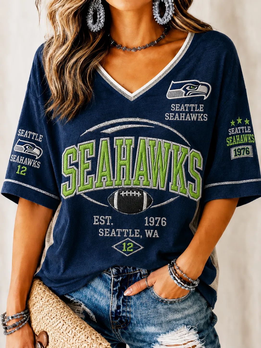 Women's Casual V-Neck Sporty Graphic Tee