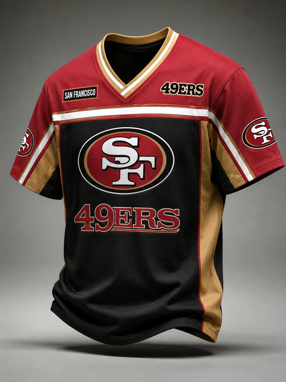 Men's San Francisco 49ers Color Block V-Neck Retro Football Short Sleeve T-Shirt