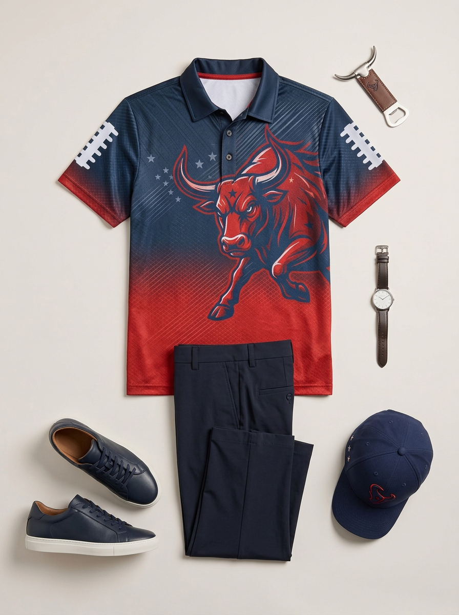 Men's Houston Texans Football Lover Red Bull Printed Polo Shirt