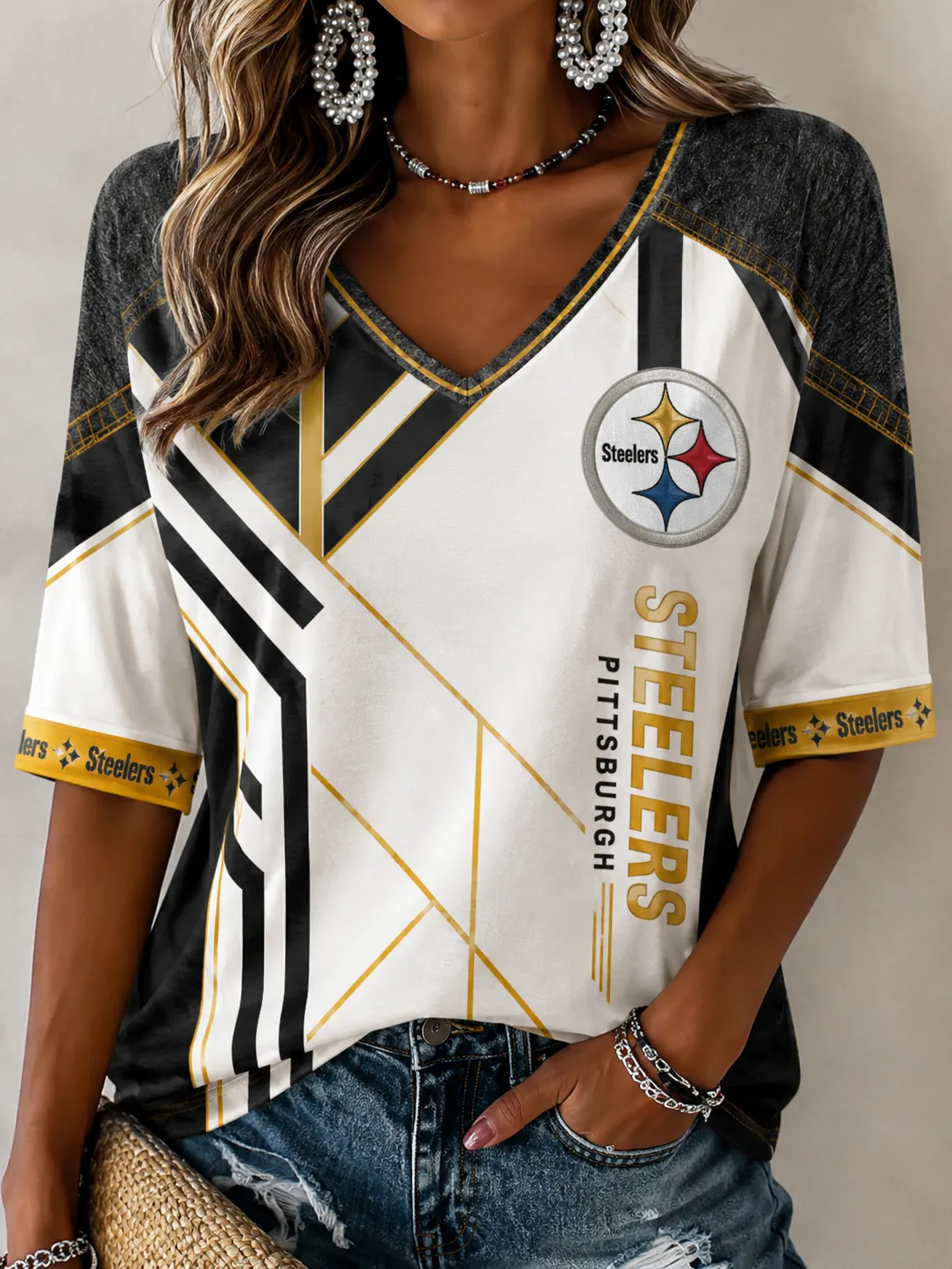 Women's Pittsburgh Steelers Geometric Color Block 3/4 Sleeve V-Neck Football Shirt