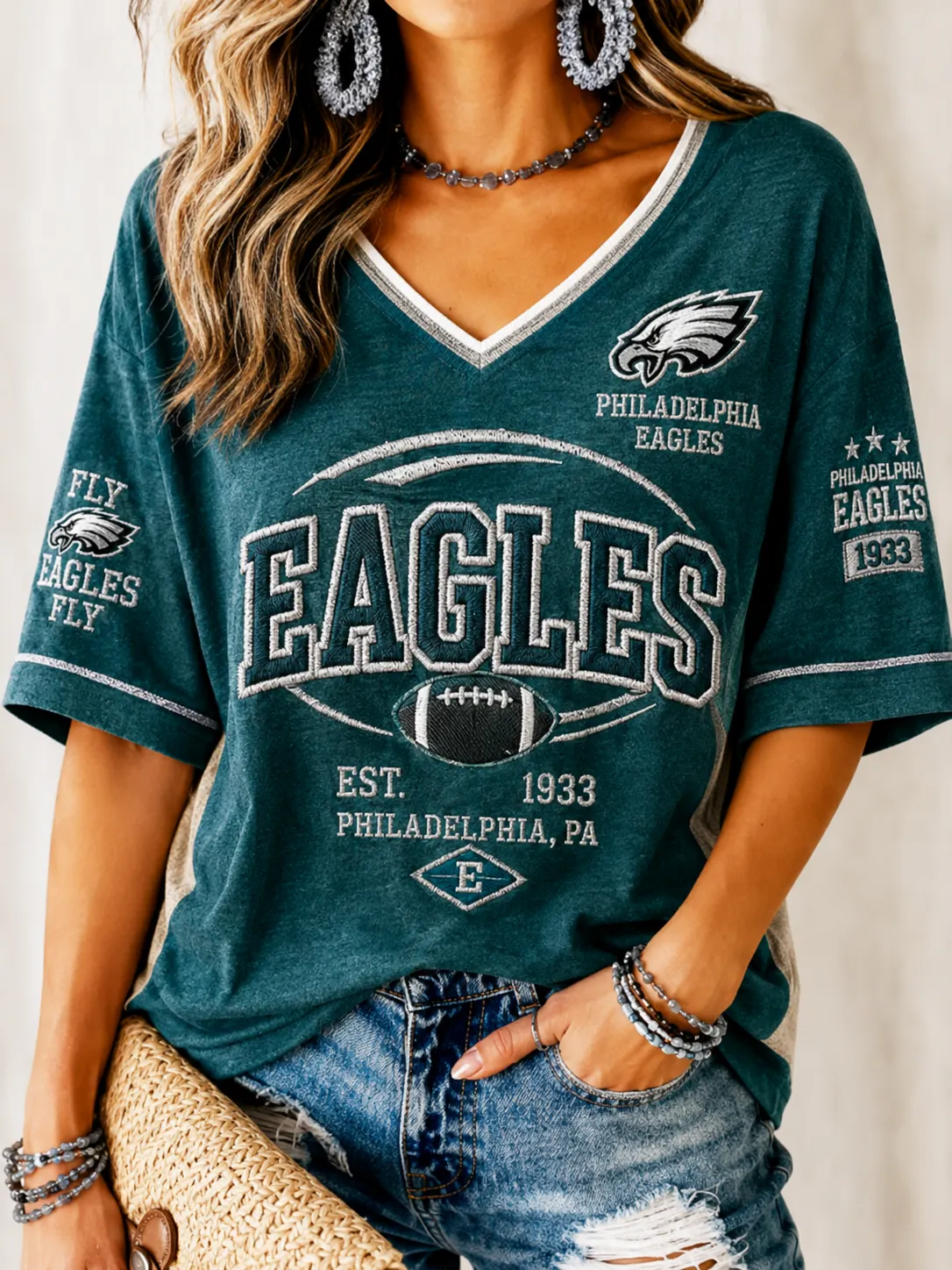 Women’s Philadelphia Eagles Vintage V-Neck Football T-Shirt