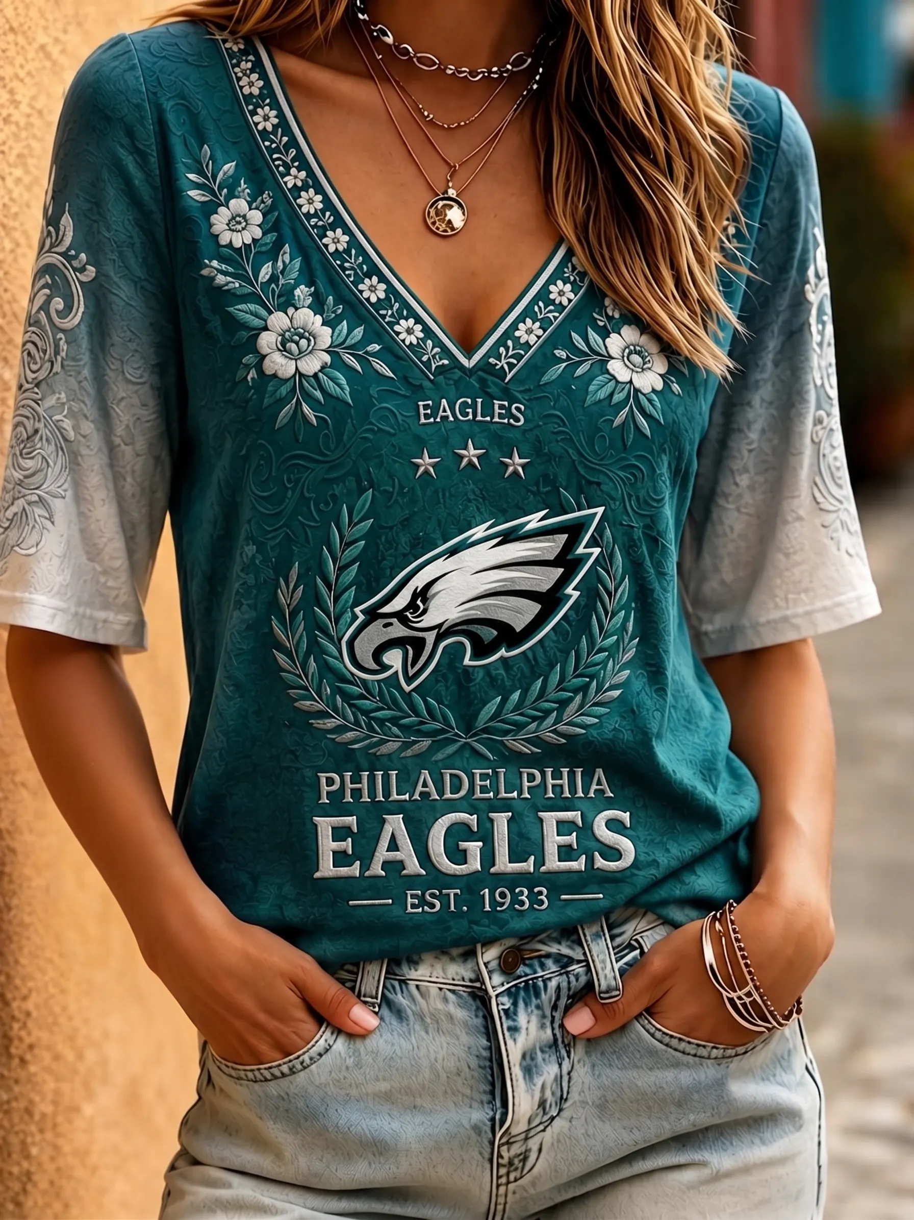 Women’s Vintage Eagle Football-Inspired Floral V-Neck Tee