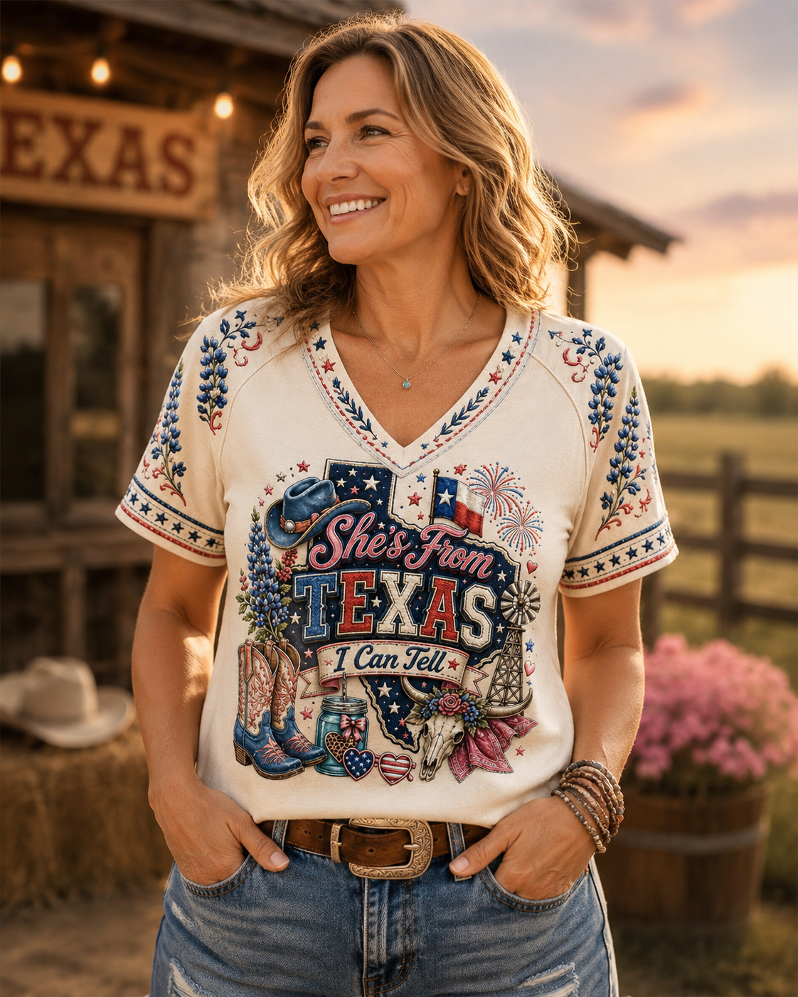 Women's She's From Texas I Can Tell Print Casual V-Neck Tee