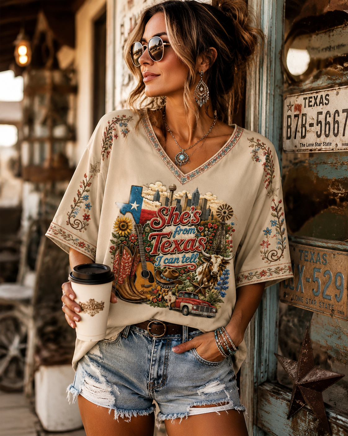 Women's She's From Texas I Can Tell Print Casual V-Neck Tee