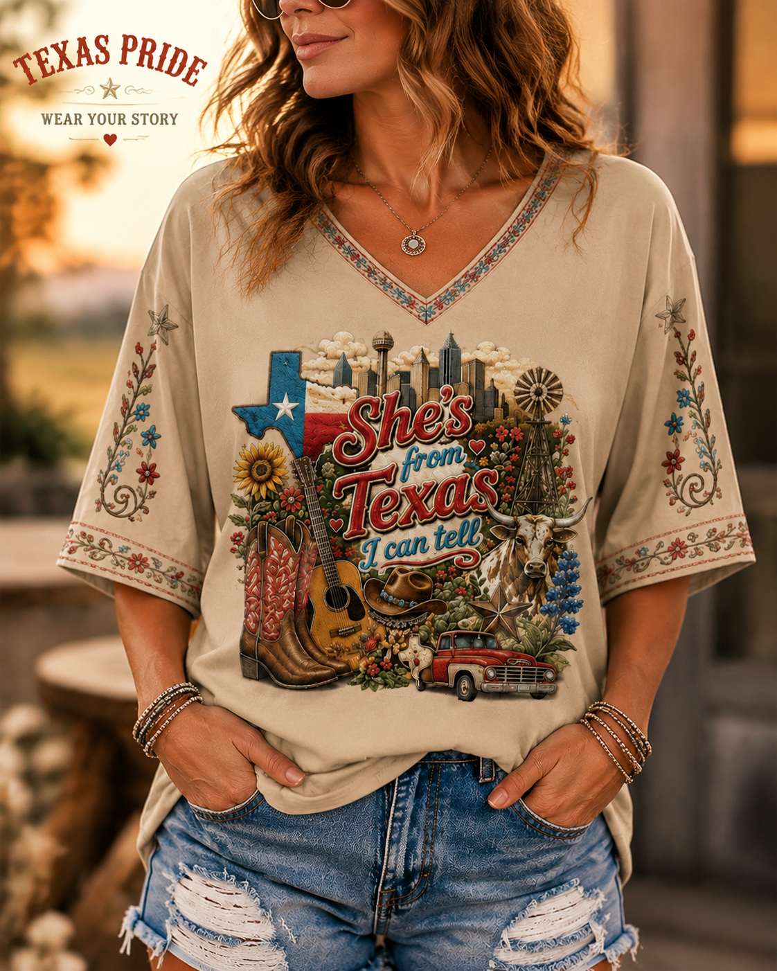 Women's She's From Texas I Can Tell Print Casual V-Neck Tee