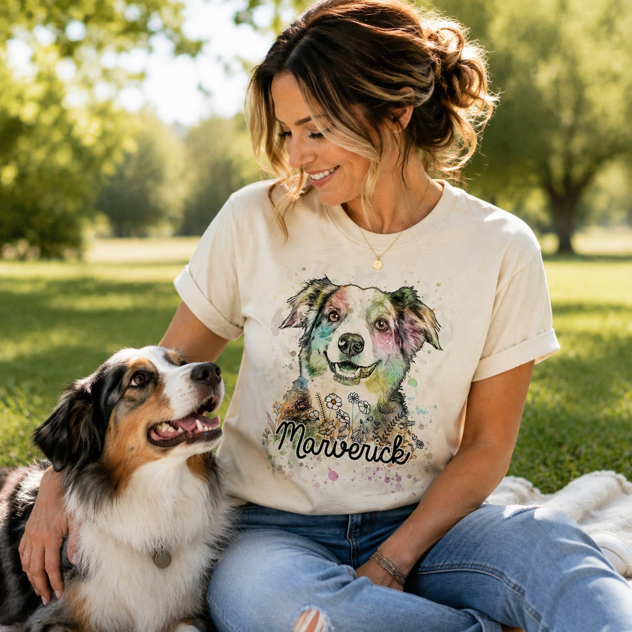 Custom Dog Portrait Watercolor Flowers Classic T-Shirt