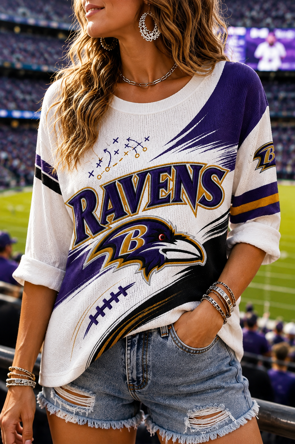 Women's Baltimore Ravens Color Block Waffle Knit 3/4 Sleeve Football Tee