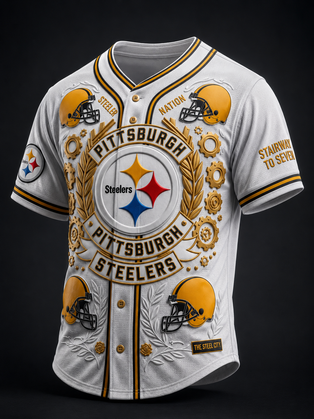 Men's Pittsburgh Steelers 3D Embossed Full Print Button-Up Short Sleeve Baseball Football Jersey