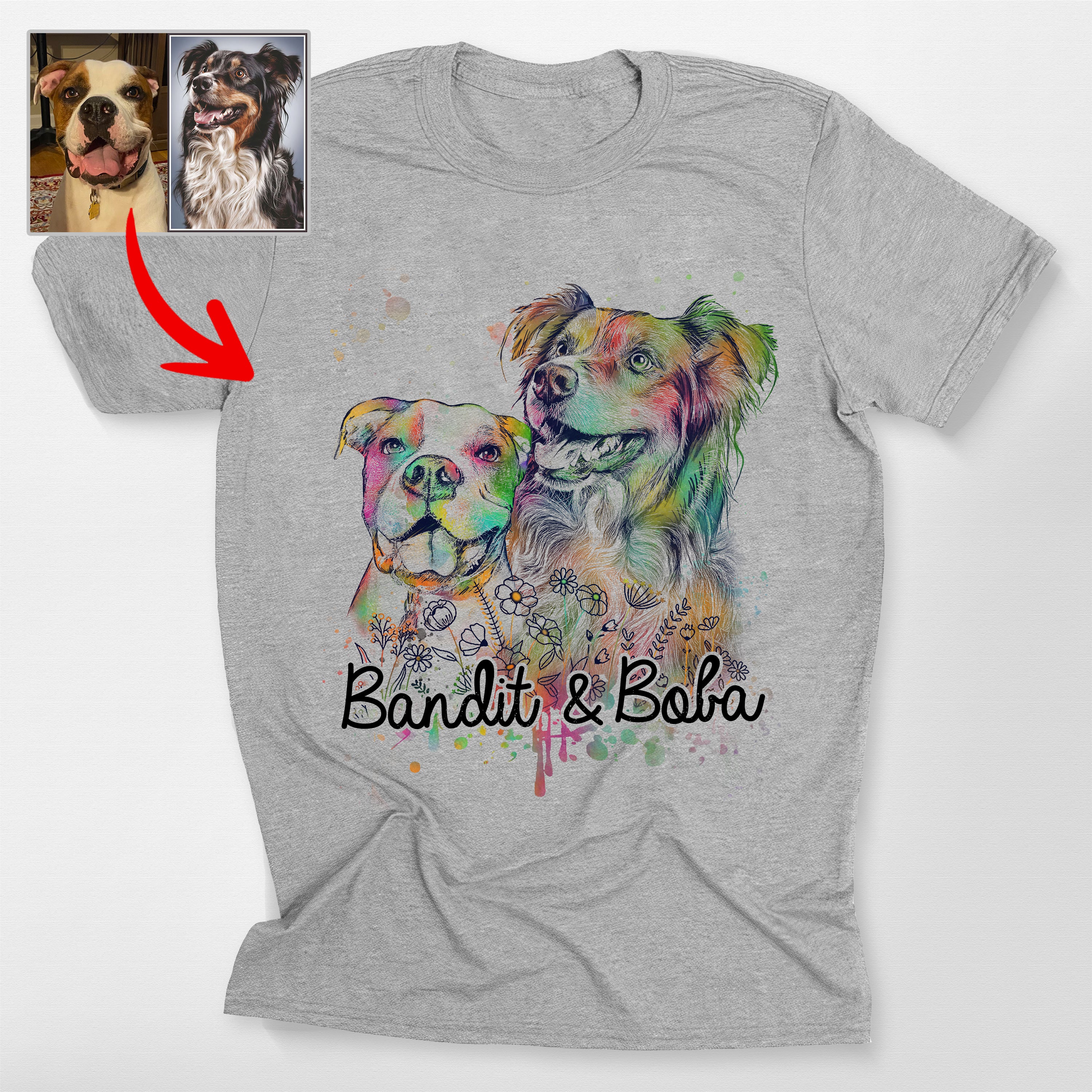 Custom Dog Portrait Watercolor Flowers Classic T-Shirt
