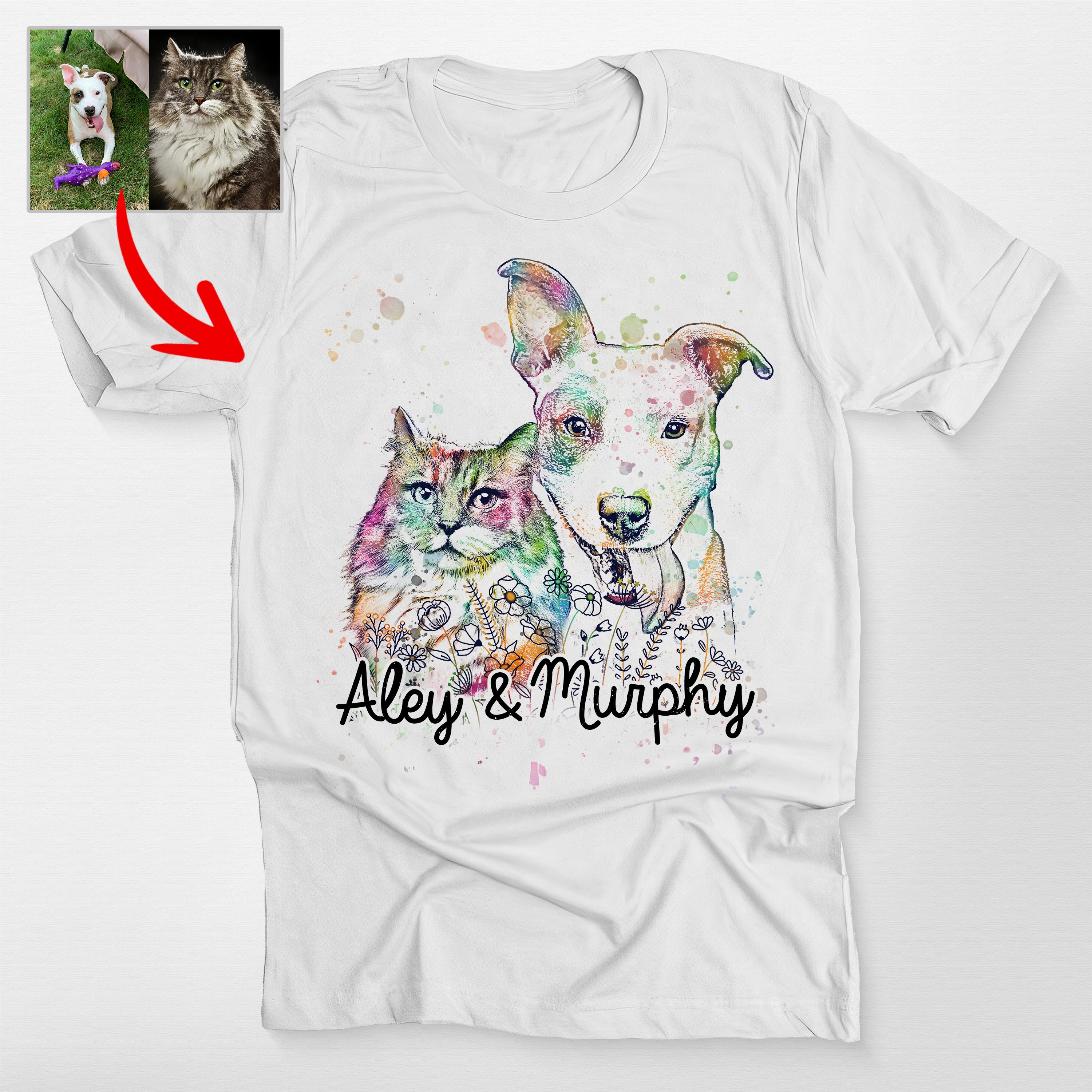 Custom Dog Portrait Watercolor Flowers Classic T-Shirt