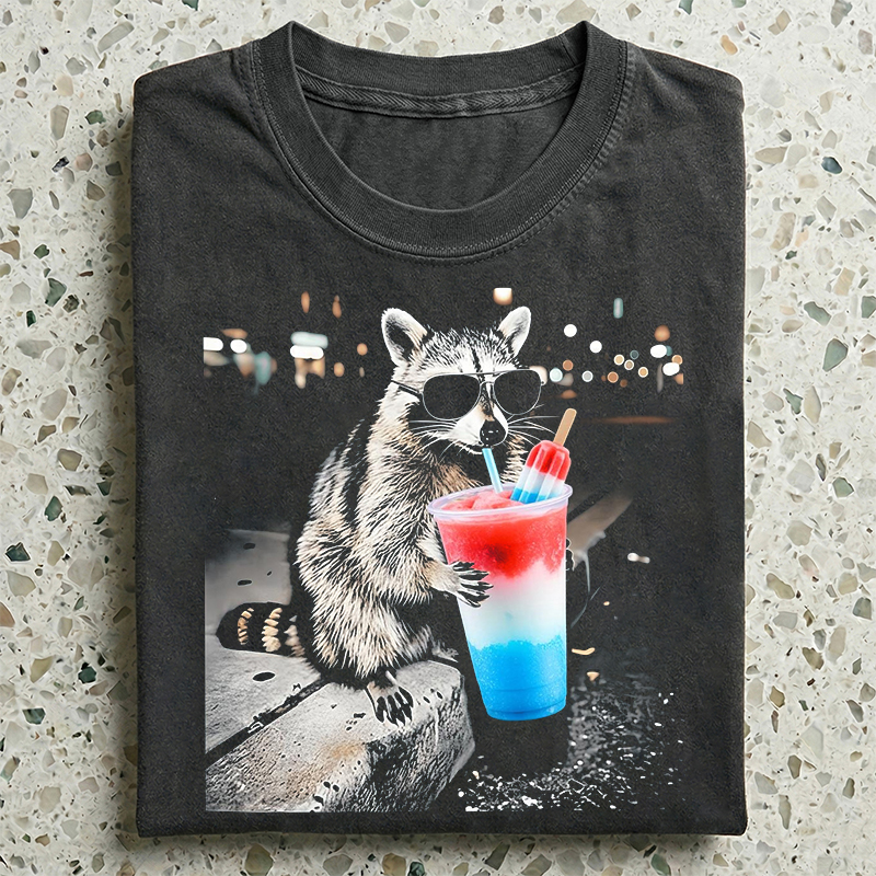 Funny Raccoon Drinking Red White Blue Popsicle Drink T-shirt