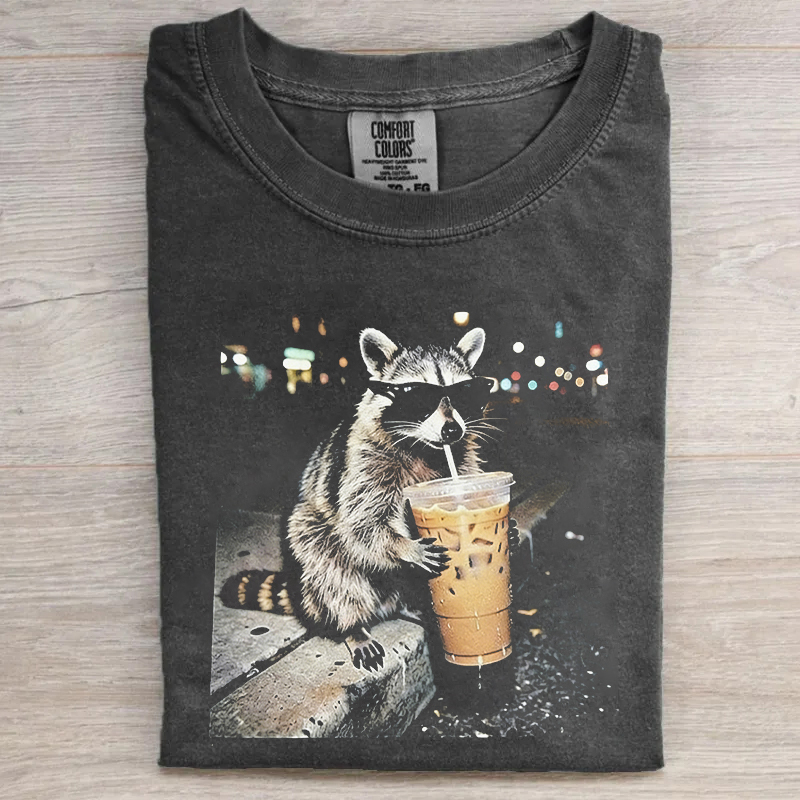 Funny Raccoon Drinking Iced Coffee T-shirt