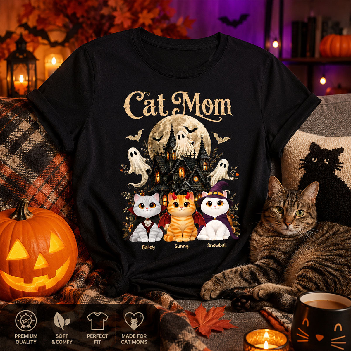 Halloween Haunted House Cat Mom Cute Cats - Personalized Shirt - Halloween Gift For Cat Lovers