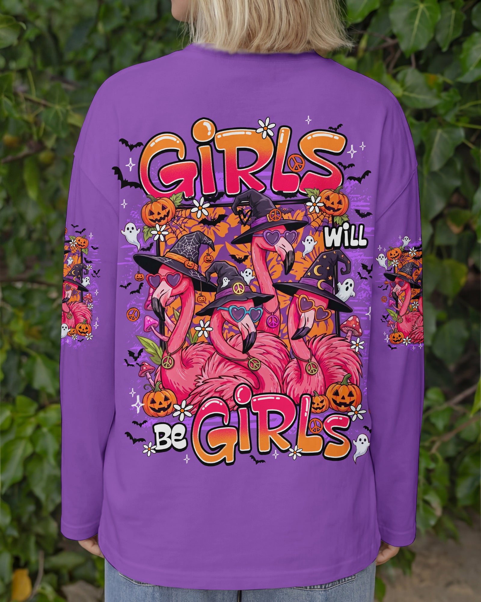 GIRLS WILL BE GIRLS FLAMINGO WITCH HALLOWEEN ALL OVER PRINT