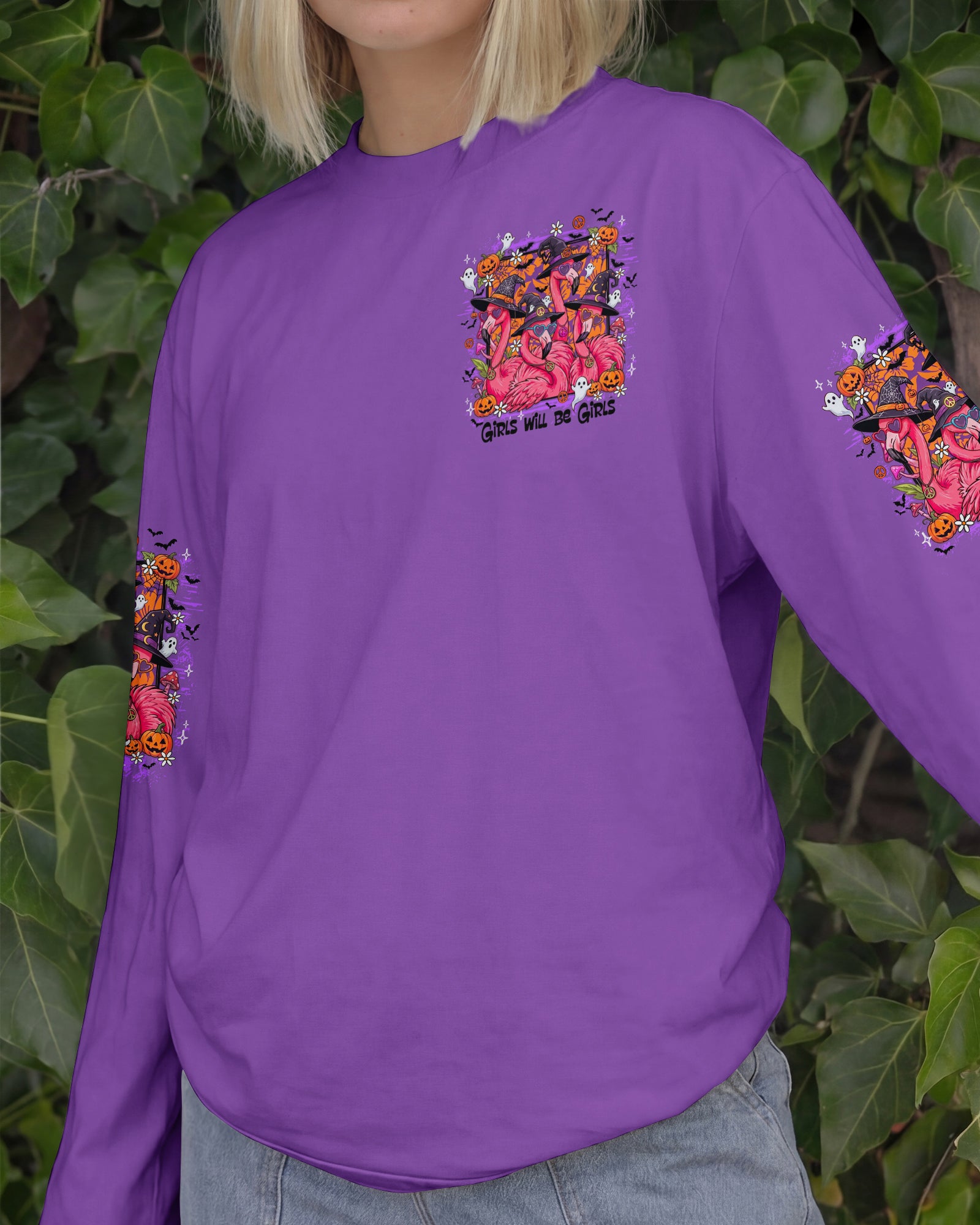 GIRLS WILL BE GIRLS FLAMINGO WITCH HALLOWEEN ALL OVER PRINT