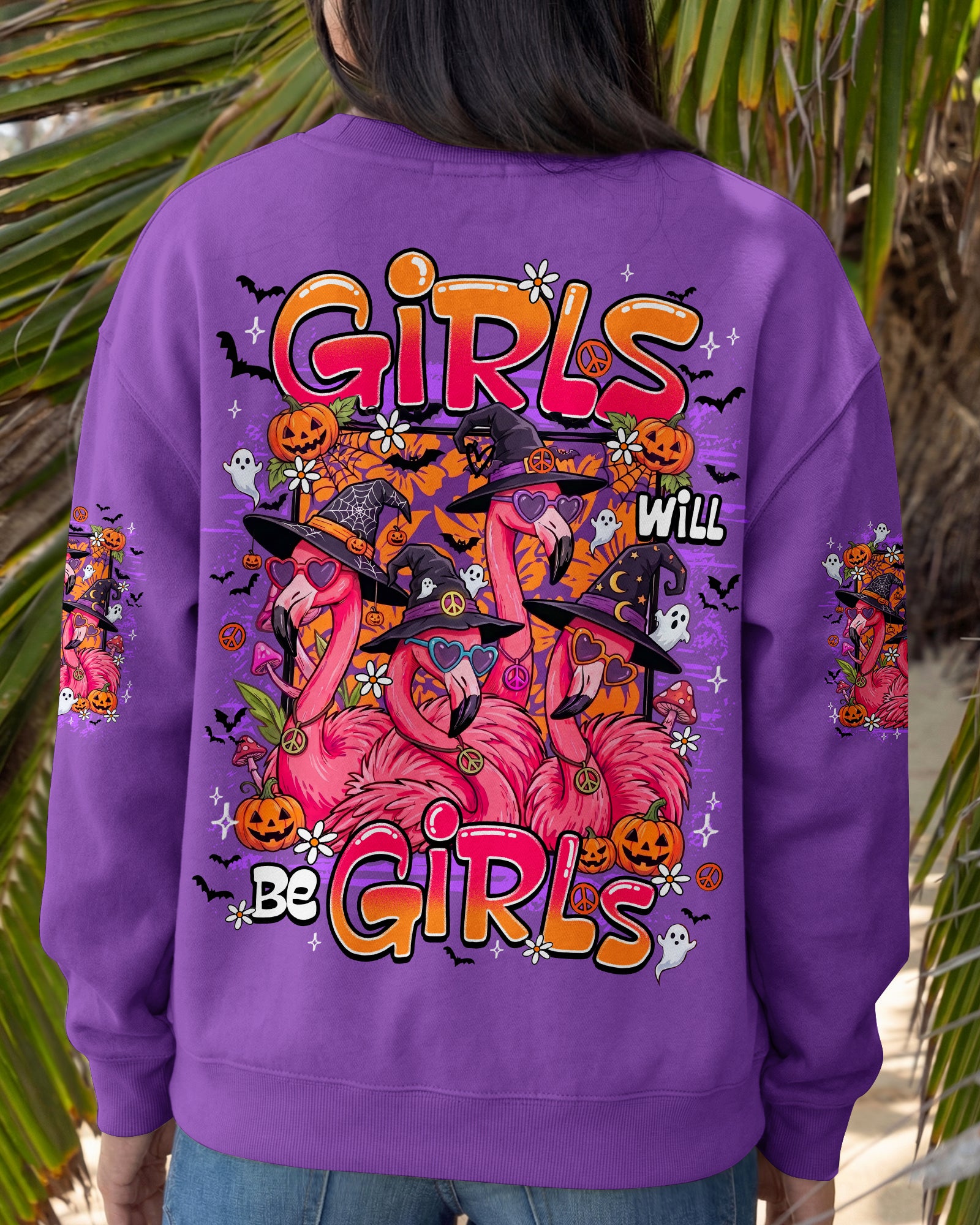 GIRLS WILL BE GIRLS FLAMINGO WITCH HALLOWEEN ALL OVER PRINT