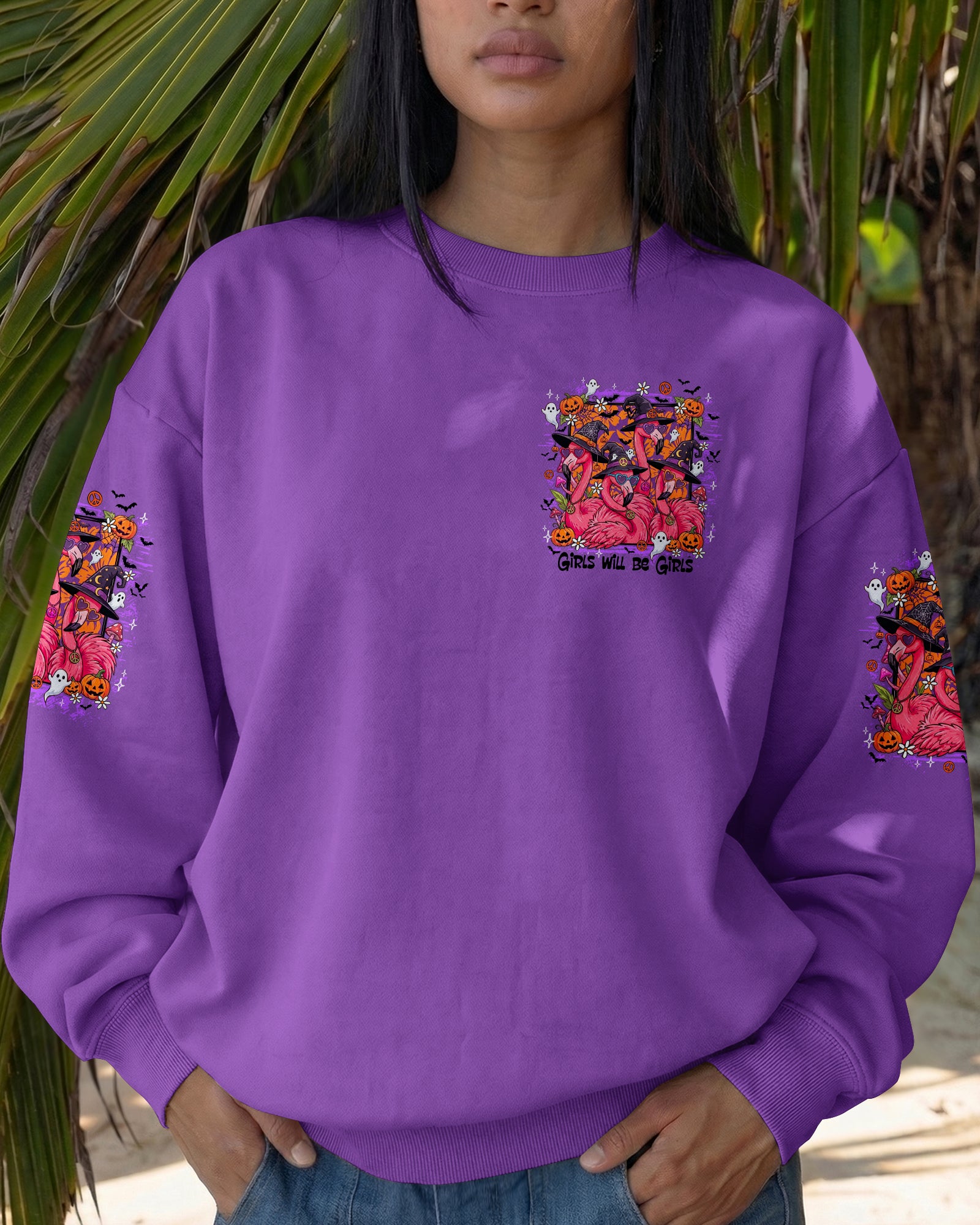 GIRLS WILL BE GIRLS FLAMINGO WITCH HALLOWEEN ALL OVER PRINT