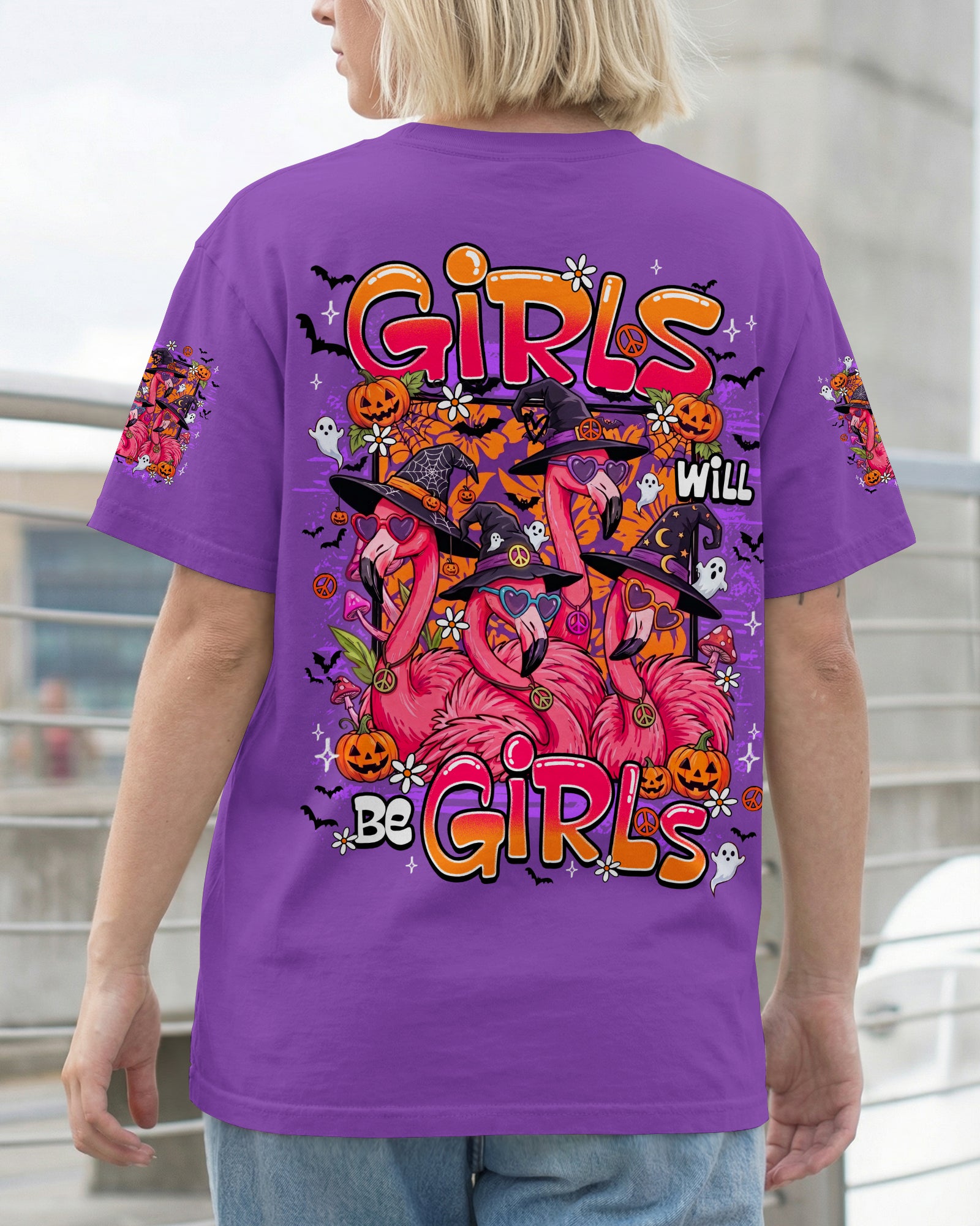 GIRLS WILL BE GIRLS FLAMINGO WITCH HALLOWEEN ALL OVER PRINT
