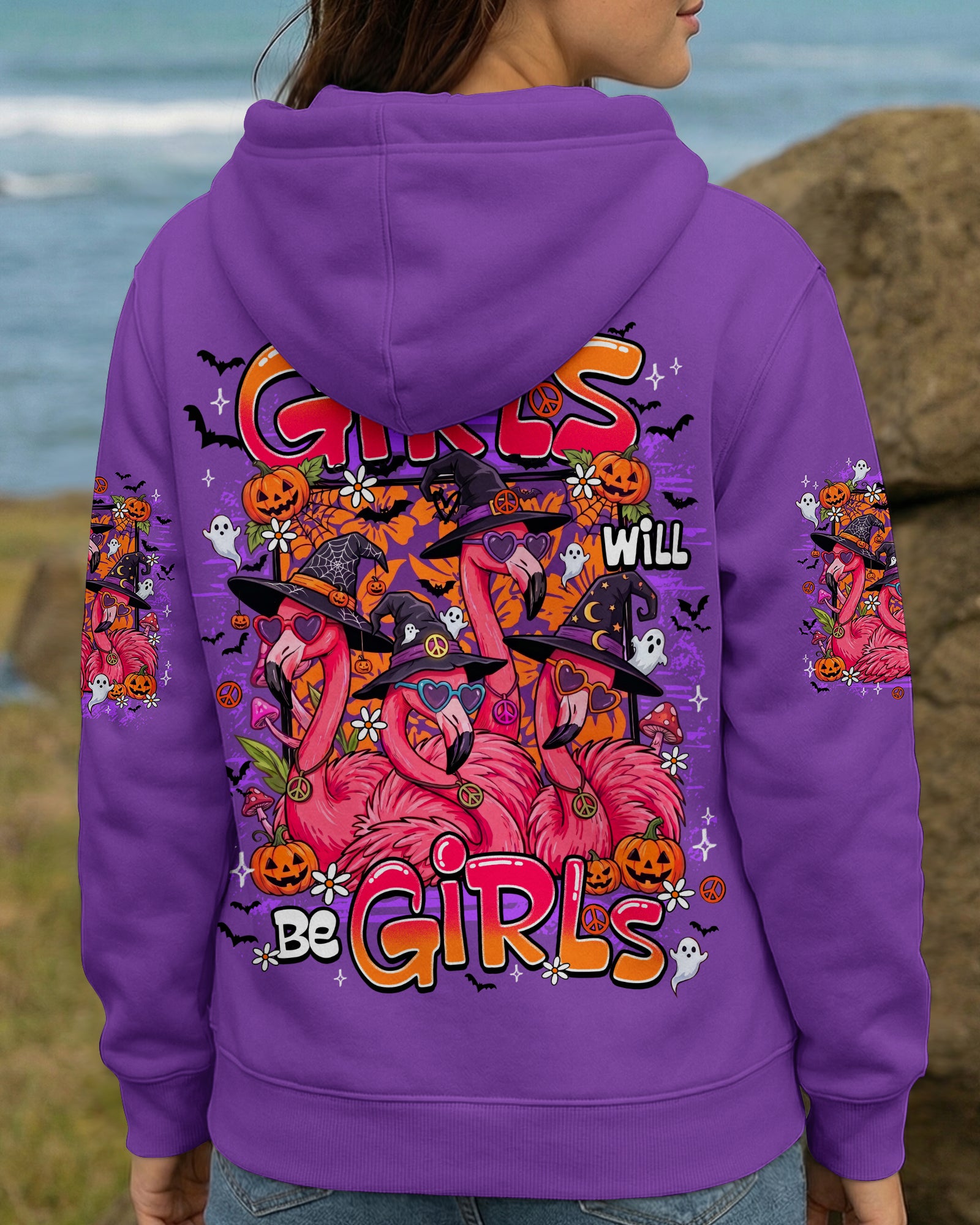 GIRLS WILL BE GIRLS FLAMINGO WITCH HALLOWEEN ALL OVER PRINT