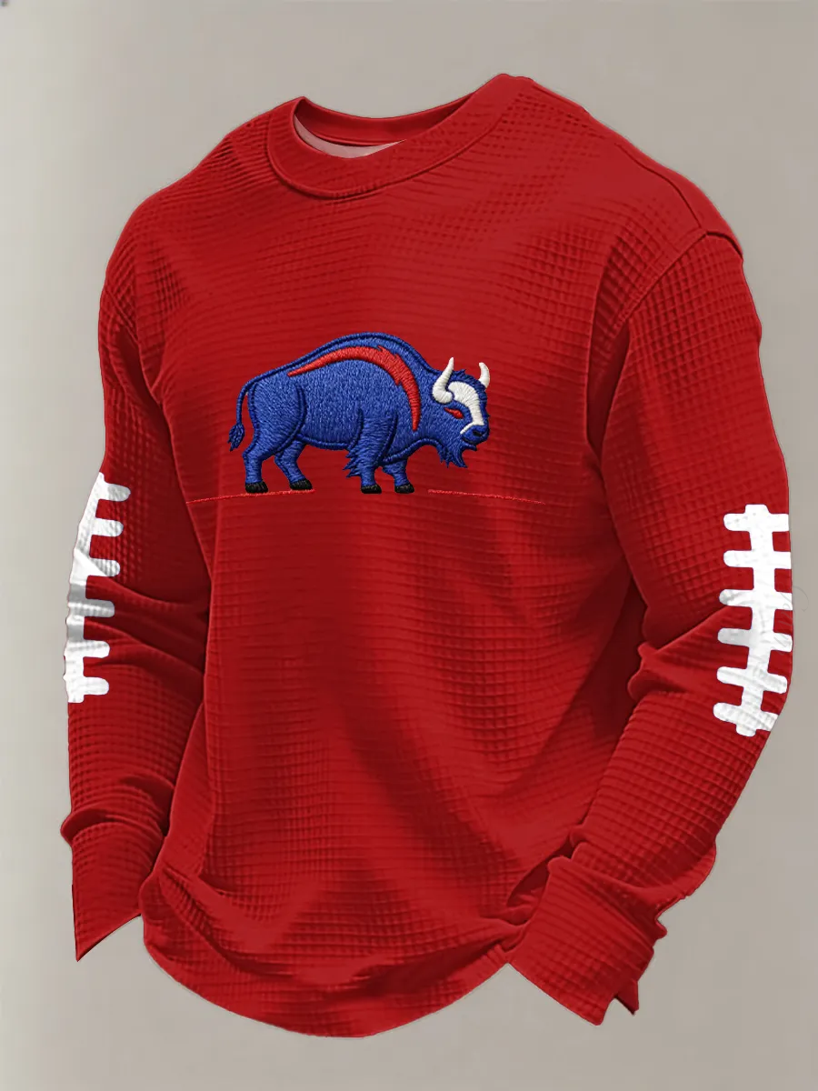 Men'S Buffalo Print Football Fans Gameday Casual Waffle Long Sleeve T-Shirt