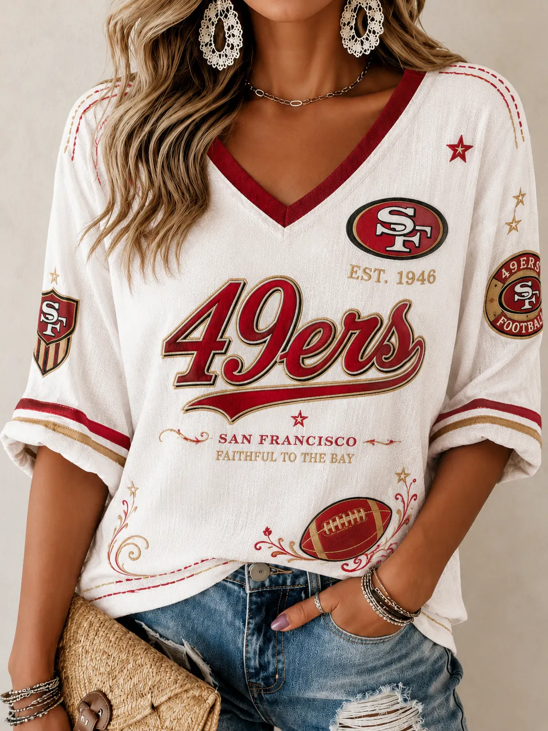 Women's San Francisco 49ers Vintage Multi-Patch Print Red Trim V-Neck 3/4 Sleeve Football Fan Textured Tee