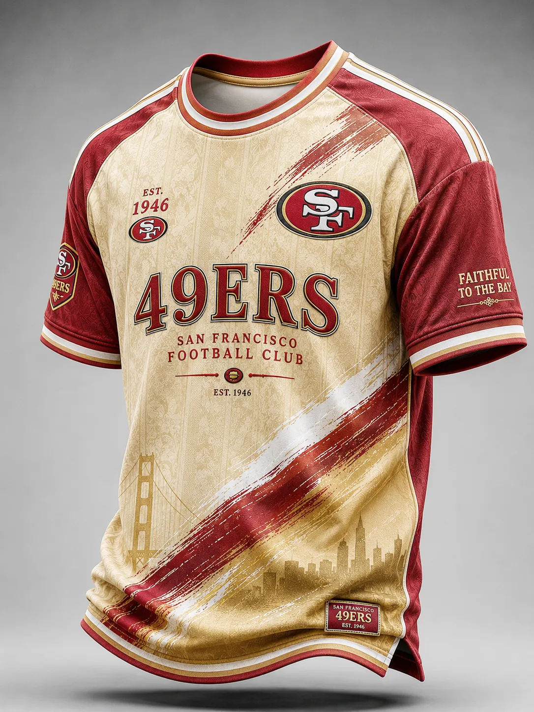 Men's San Francisco 49ers Vintage Brush Stroke City Skyline Raglan Short Sleeve Crew Neck Football Tee