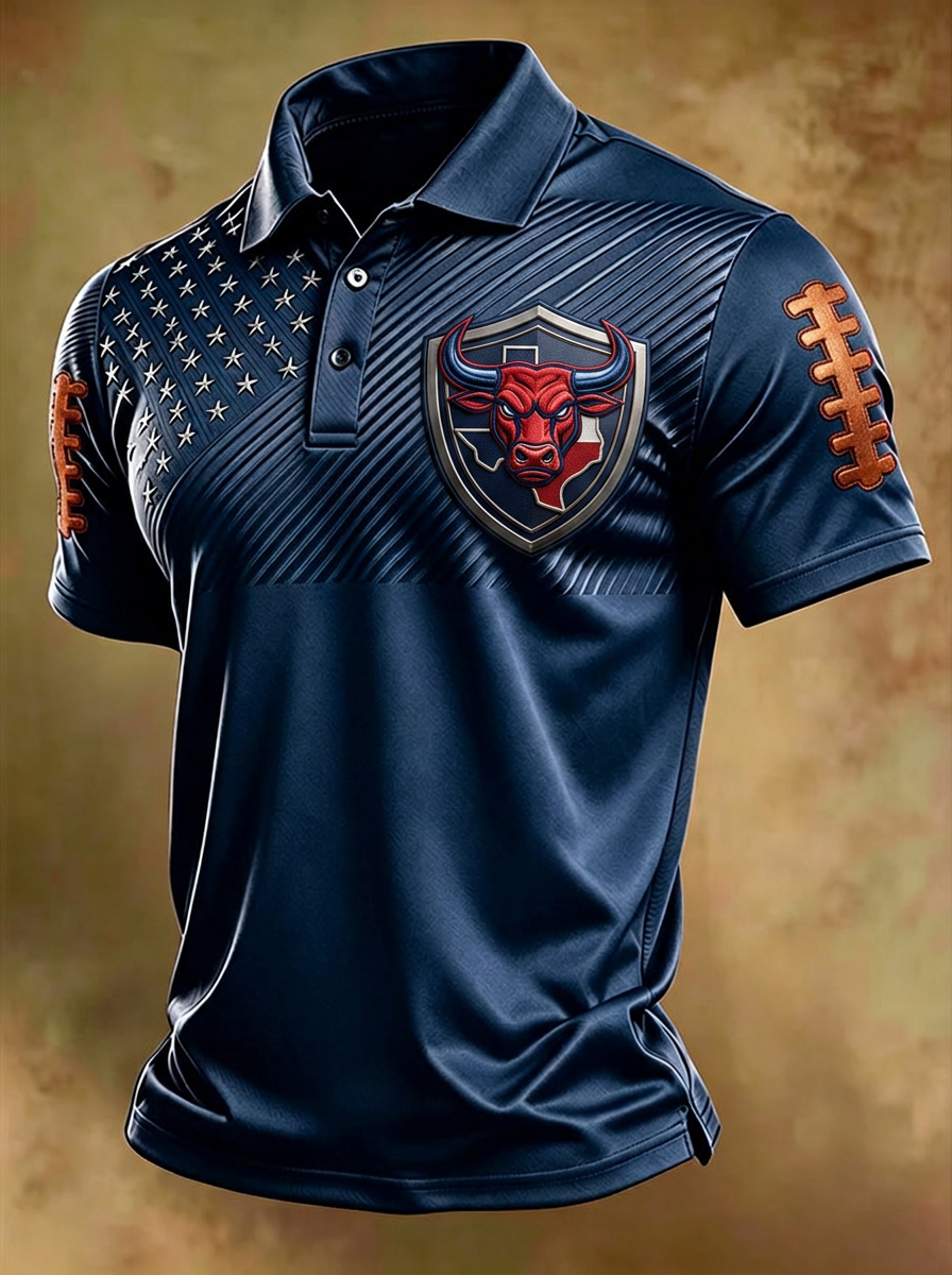 Men's Houston Texans Football Bull Shield Flag Printed Polo Shirt
