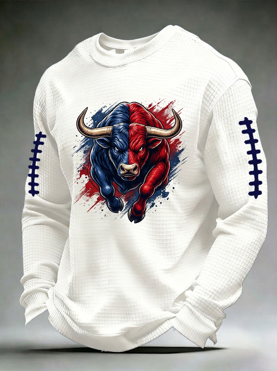 Men's Houston Texans Football Red Blue Bull Printed T-shirt