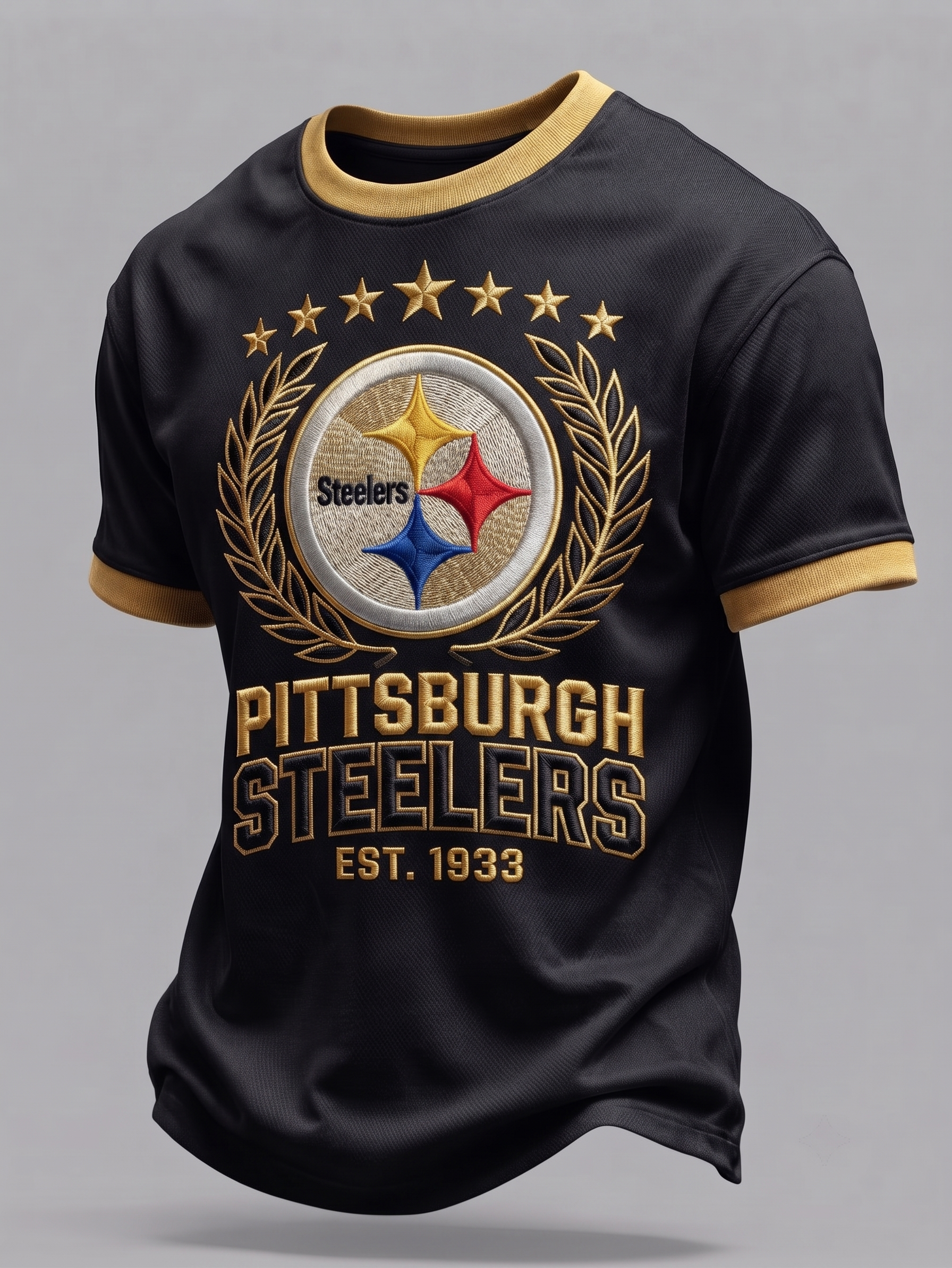 Men's Pittsburgh Steelers Embroidery Ringer Crew Neck Short Sleeve T-Shirt