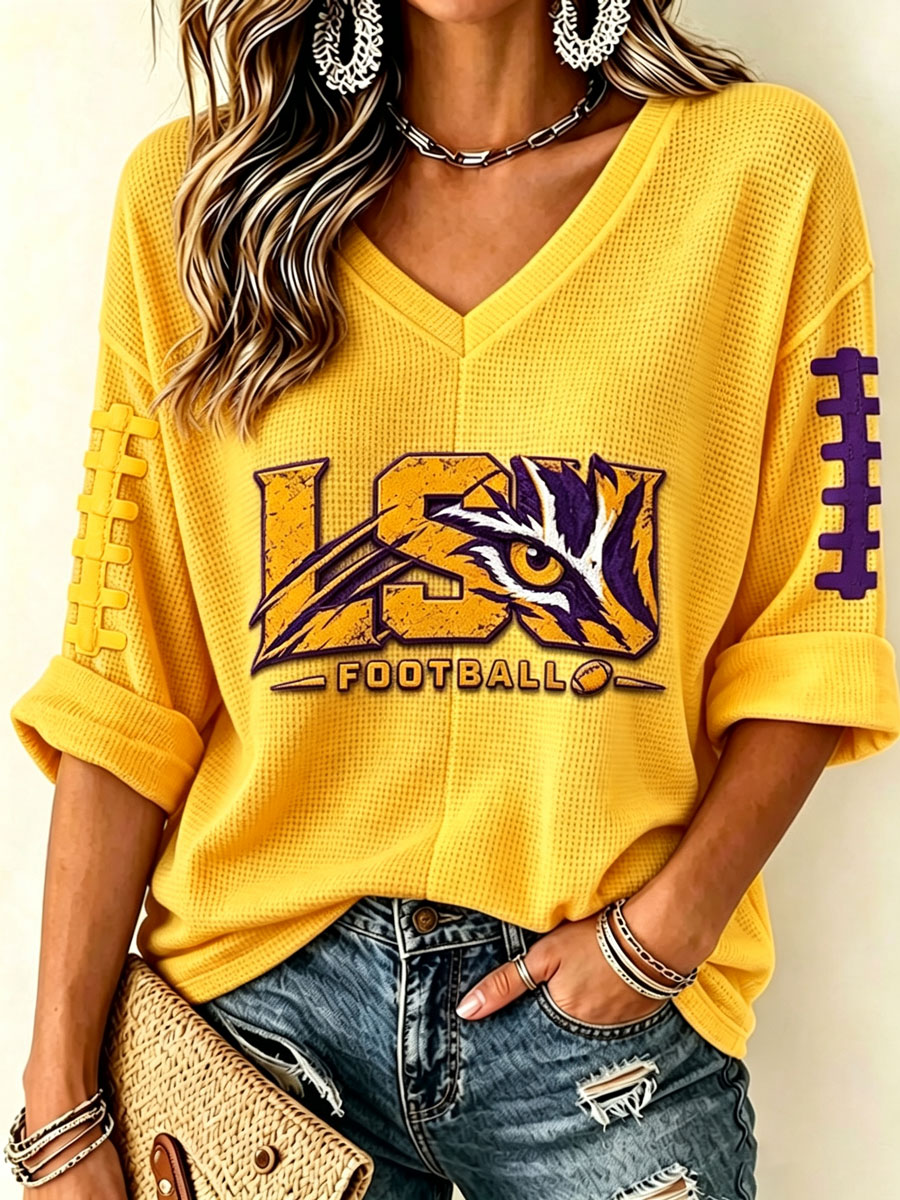 Women'S Rugby Patterned Waffle V-Neck Top