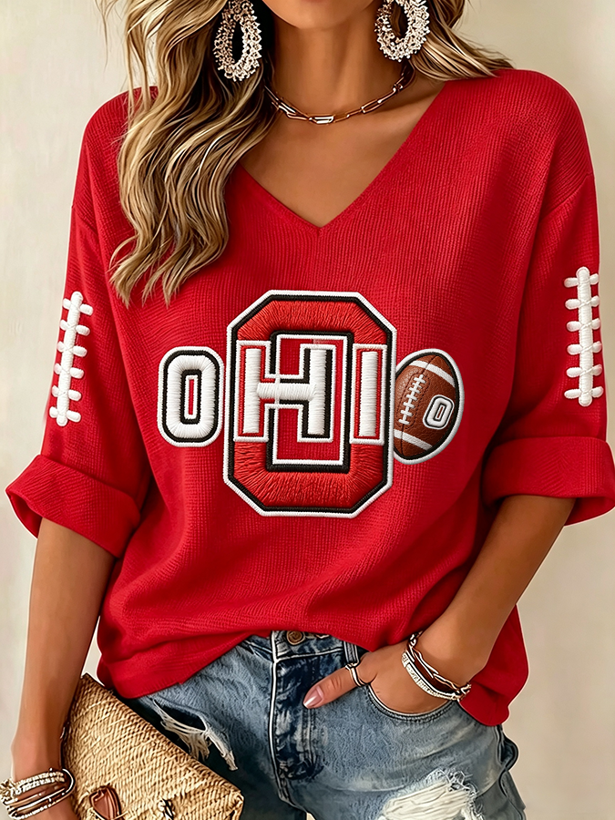 Women'S College Rugby Printed Waffle V-Neck Top