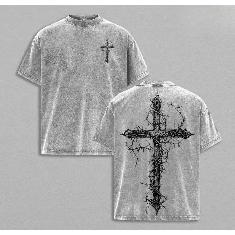 Vintage Thorn Cross Graphic T-Shirt | Gothic Christian Washed Tee