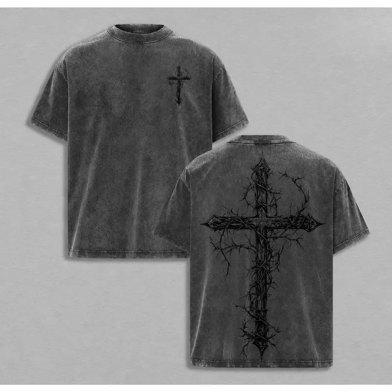 Vintage Thorn Cross Graphic T-Shirt | Gothic Christian Washed Tee