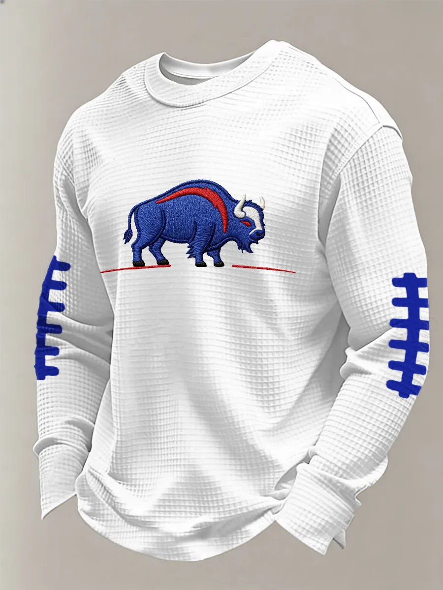 Men'S Buffalo Print Football Fans Gameday Casual Waffle Long Sleeve T-Shirt