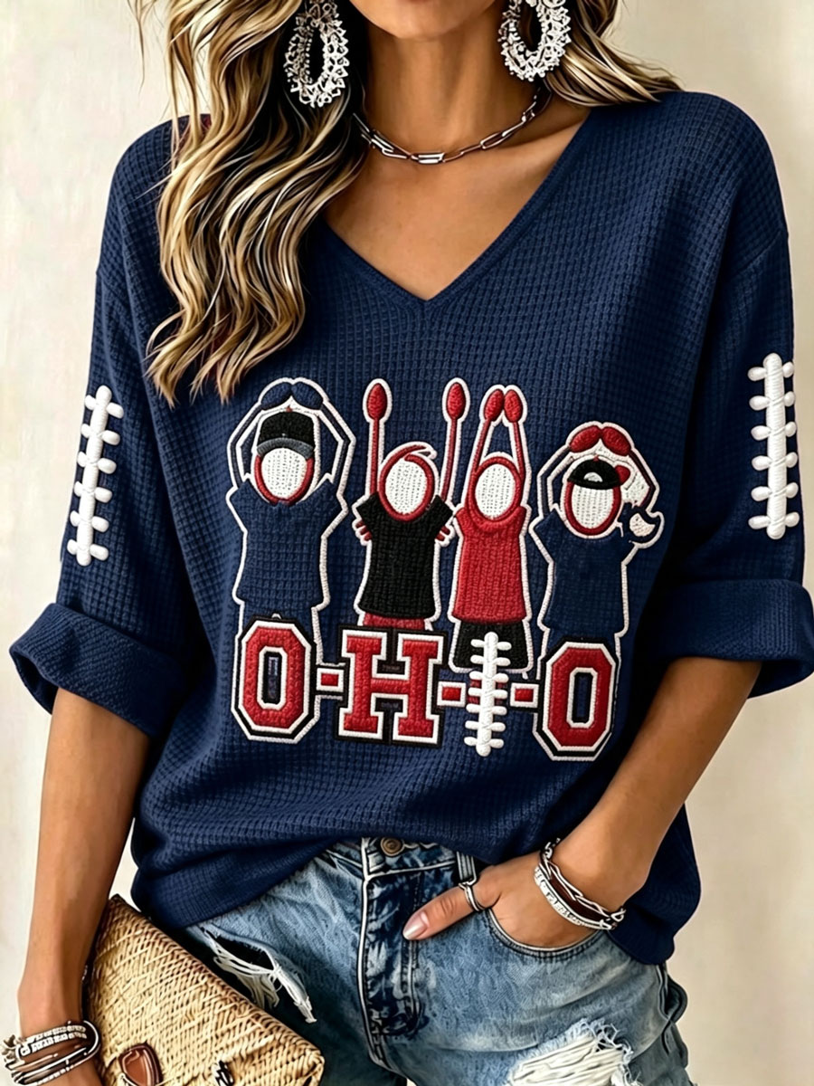 Women'S College Rugby Printed Waffle V-Neck Top