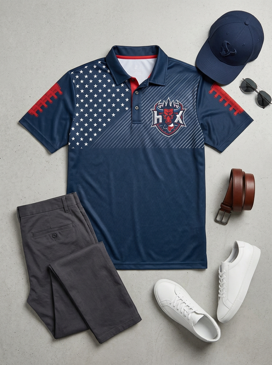 Men's Houston Texans Football Bull Logo American Flag Printed Polo Shirt