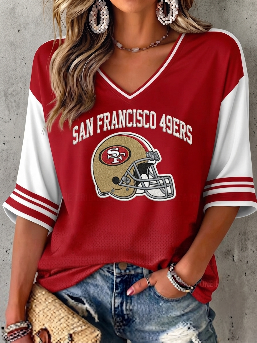 Women's San Francisco 49ers Helmet Print Red White Color Block Striped Sleeve V-Neck Football Fan Short Sleeve T-Shirt