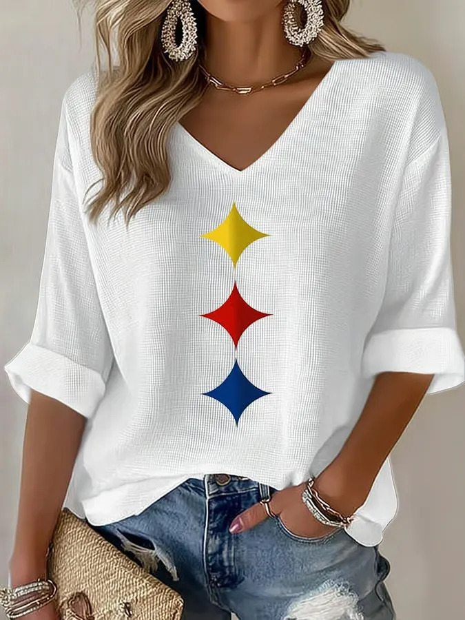 Women's Pittsburgh Steelers Vertical Three-Star Waffle Knit V-Neck T-Shirt